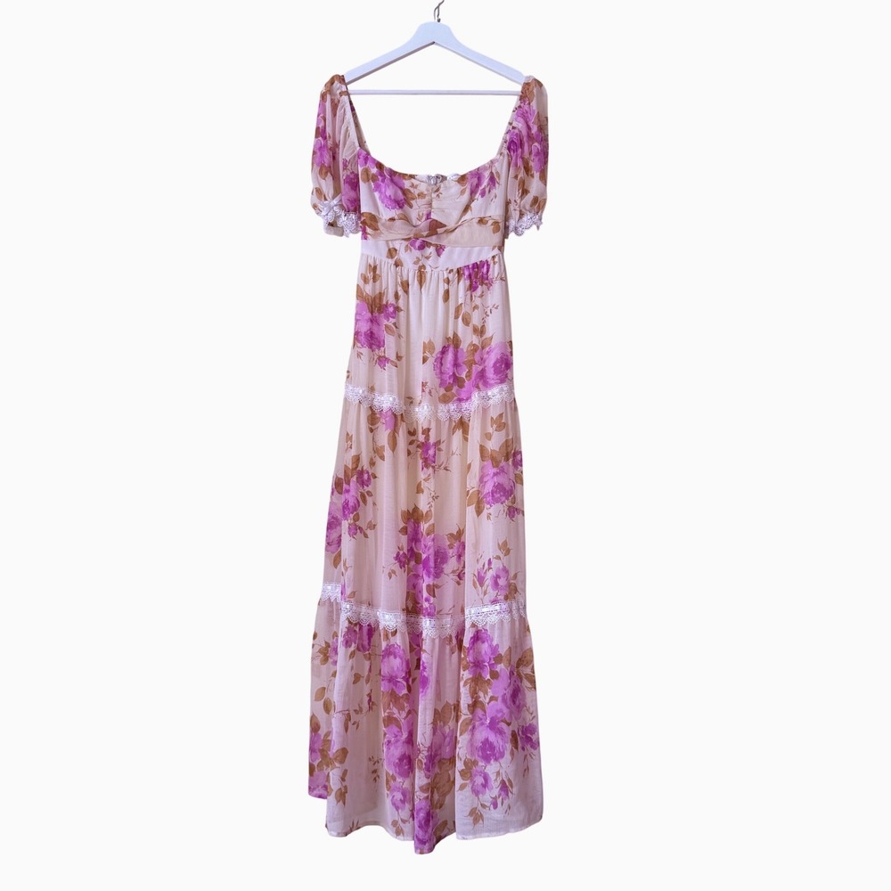 Altar'D State Womens Milkmaid Prairie Floral Lace Trim Maxi Dress Cottage Size S